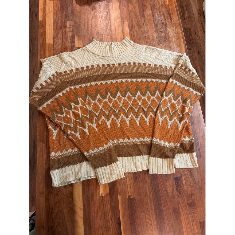 Time and Tru Womens XL Mock Neck Geometric Fair Isle Knit Sweater Rust Beige